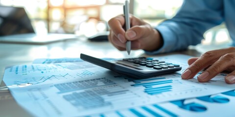 Fototapete - A businessperson analyzing a policy document with a calculator and financial charts nearby, highlighting the integration of financial analysis and policy review in a corporate setting
