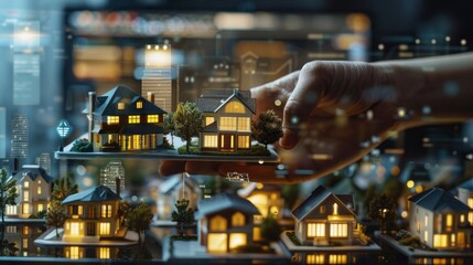 Poster - A hand is holding a small model of a city with houses and trees