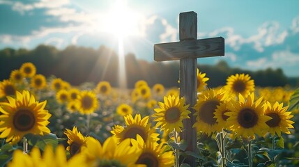 Canvas Print - Radiant Cross in a Sunflower Field Representing Joy and Renewal