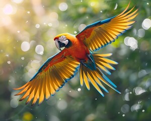 Poster - Vibrant Macaw Soaring Through the Lush Rainforest Canopy