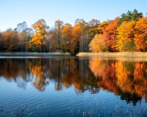 Sticker - Serene Autumn Lakeside with Vibrant Foliage Reflections in Calm Waters