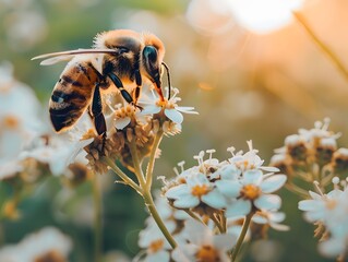 Canvas Print - Industrious Honeybee Collecting Nectar from Vibrant Flower in Lush Garden