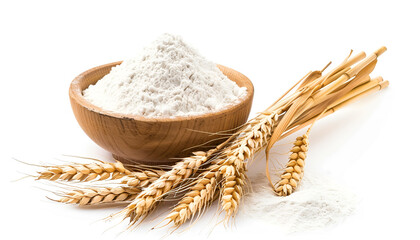 Fresh leaven, ears of wheat and flour isolated on white