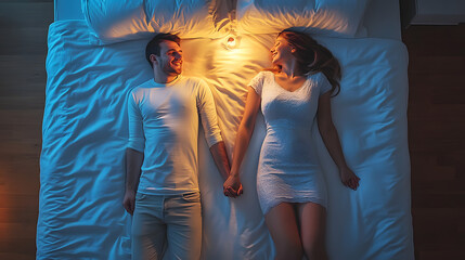 Sticker - The happy couple hold hands on the bed. evening night time. view from above