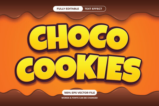 A Choco Cookies text effect design with editable text and fonts. The design features a 3D effect, a chocolate background, and a yellow and orange color scheme.