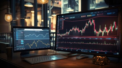 Poster - A digital graph of stock market fluctuations projected on a large screen in a dark room,
