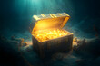 © john - A wooden treasure chest is opening with golden shining lighting, it placed on seabed in the depth of the ocean. 