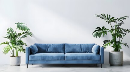 Poster - Modern light blue sofa with plants on white wall background