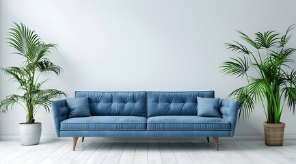 Wall Mural - Modern light blue sofa with plants on white wall background