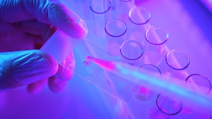 Wall Mural - analyzing chemicals in neon purple light using advanced laboratory equipment