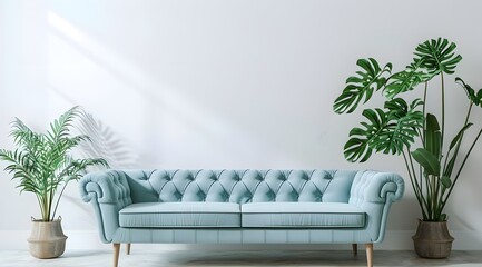 Wall Mural - Modern light blue sofa with plants on white wall background