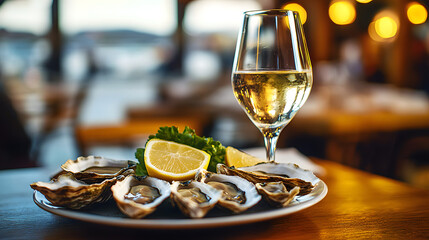 Wall Mural - feast on some freshly shucked oysters and savor a glass of white wine in a vibrant seafood eatery