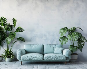 Wall Mural - Modern light blue sofa with plants on white wall background