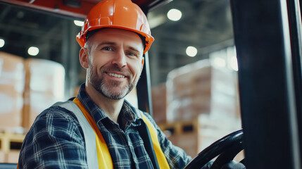 Smiling warehouse worker wearing a hard hat driving a forklift