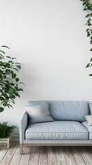 Poster - Modern light blue sofa with plants on white wall background