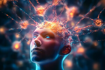 Wall Mural - Conceptual abstraction of brain neurons. Insight concept. Portrait with selective focus and copy space