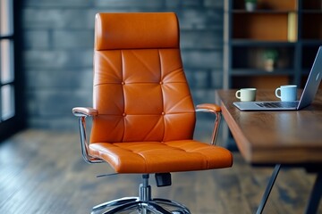 Modern office interior with orange leather chair, laptop, mugs   productive workplace design