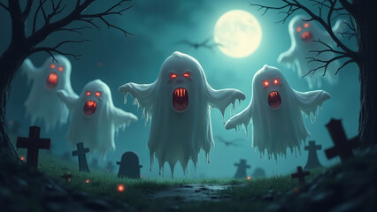 Wall Mural - Spooky Halloween Graveyard: Cartoon Ghosts and Jack-o'-Lanterns in Moonlit Cemetery, Eerie Night Scene