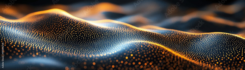 Abstract digital landscape with flowing waves of golden and blue dots ...
