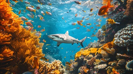 Canvas Print - Shark Gliding Through Vibrant Coral Reef Surrounded by Schools of Fish