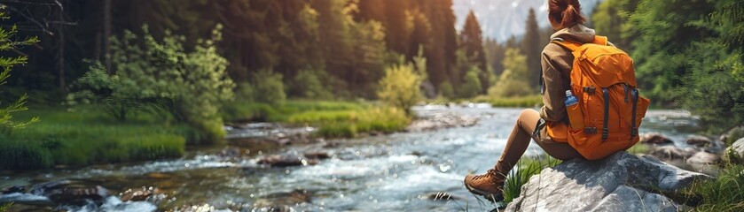 Sticker - Hiker Resting by a Serene Mountain Stream Enjoying a Peaceful Nature Escape