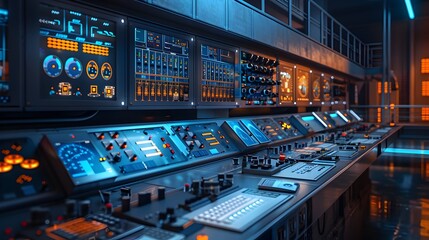 Poster - futuristic control panel in a nuclear power plant facility with precise concept