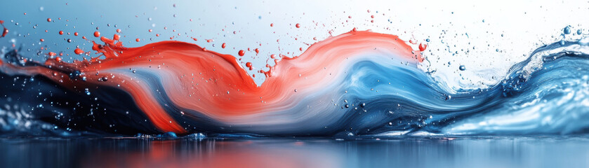 Wall Mural - Vibrant red and blue paint splashing and swirling in water, creating a dynamic and mesmerizing abstract design on a reflective surface.