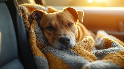 Wall Mural - A dog is laying on a blanket in a car