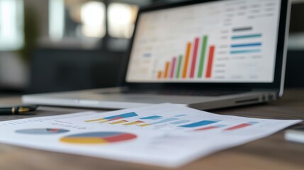 Poster - Data Analysis and Growth Strategy: Charts and Laptop on Desk - Data analysis and growth strategy visualized through charts on a desk with a laptop.  This represents success, progress, and financial in