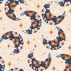 Wall Mural - seamless vector pattern with floral crescent. boho pattern for astrology, textiles, wrapping paper, 