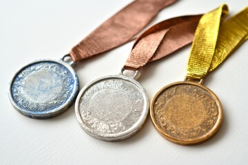 Gold, silver, bronze medals on white background for championship winners and ranking ceremony