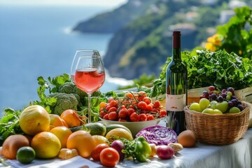 Restaurant table overlooking sea  summer fruits, fresh veggies, and local wine display