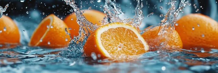 Wall Mural - Fresh Orange Slices Splashing in Water - A close-up shot of juicy orange slices splashing into water, symbolizing freshness, vitality, hydration, citrus, and summer.