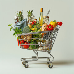 shopping cart bag filled with a mix of fashion items and fresh groceries.