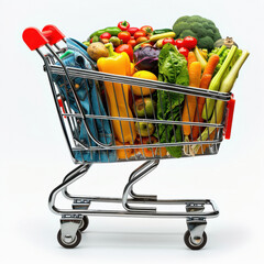 shopping cart bag filled with a mix of fashion items and fresh groceries.