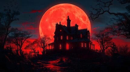 Wall Mural - halloween, creepy house with a large red moon in the background