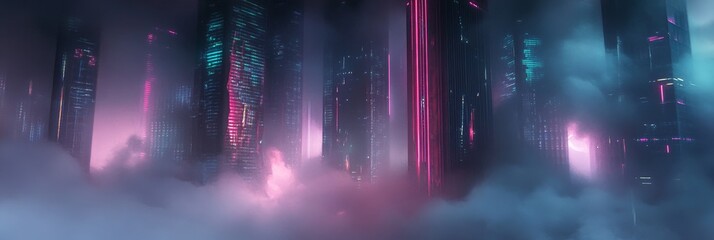 Wall Mural - Futuristic Cityscape Emerging from the Clouds - A surreal cityscape with neon lights peeks through the clouds, evoking themes of mystery, innovation, and the future.