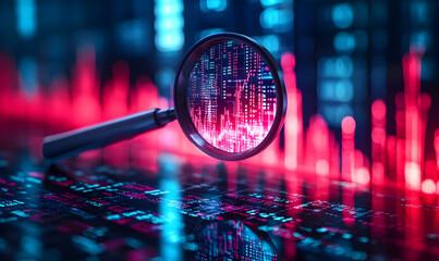 A magnifying glass focuses on financial data, depicting analysis in a digital environment with vibrant colors and patterns.