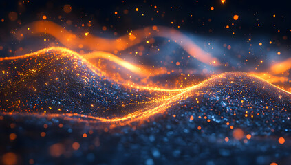 Poster - Vibrant abstract waves with glowing particles creating a mesmerizing visual experience in dark tones.