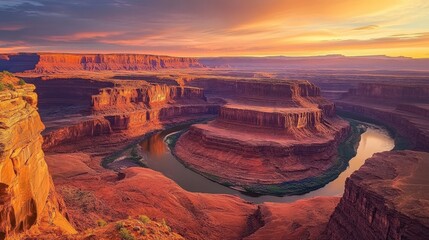 Poster - Majestic Canyon Sunset with Winding River - A breathtaking view of a deep canyon with a winding river flowing through it, set against the backdrop of a vibrant sunset.  The scene evokes a sense of awe