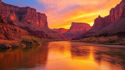 Sticker - Majestic Canyon Sunset with River Reflections - A breathtaking view of a canyon at sunset, with the orange and red hues of the sky reflecting on the calm water of a river winding through the dramatic 