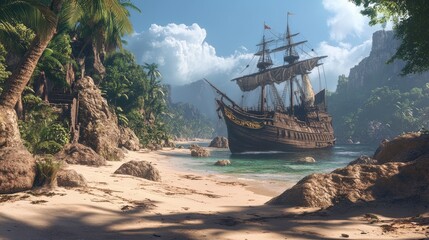 Wall Mural - Majestic Galleon Anchored in a Tropical Paradise - A majestic galleon ship rests peacefully in a serene tropical cove, surrounded by lush greenery and clear turquoise waters, representing adventure, e