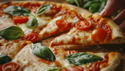 Wall Mural - Taking piece of delicious Margherita pizza at wooden table, closeup