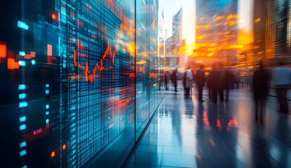 Poster - Dynamic urban scene depicting financial growth with abstract charts reflecting on modern glass architecture at sunset.