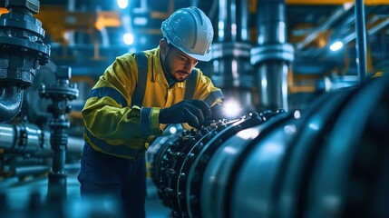 Industrial Worker Inspecting Large Pipe in a Factory