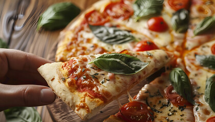 Poster - Taking piece of delicious Margherita pizza at wooden table, closeup