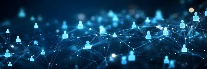 Poster - Abstract digital network with user connections and glowing icons representing online communication and social interaction.