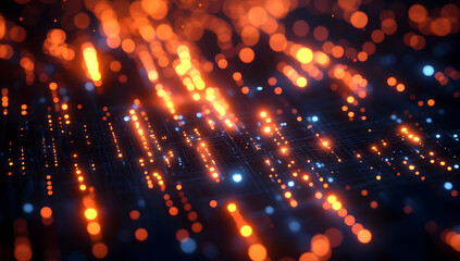 Poster - An abstract image featuring glowing particles in vibrant orange and blue tones, creating a mesmerizing light effect.