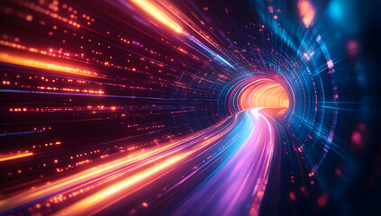 Poster - A vibrant digital tunnel with bright lights and dynamic motion, symbolizing speed and technology.