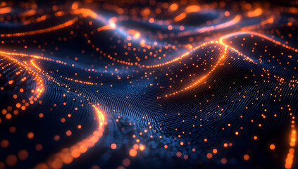 Poster - A mesmerizing wave of glowing particles creating a dynamic, digital landscape with vibrant orange and blue tones.